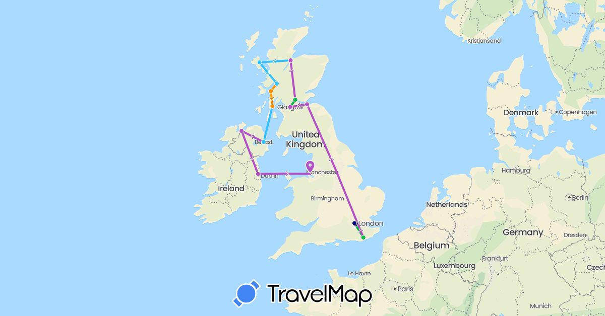 TravelMap itinerary: driving, bus, train, boat, hitchhiking in United Kingdom, Ireland (Europe)